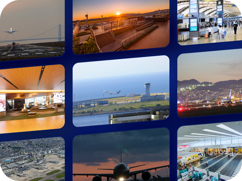 A collage of photos of airport takeoffs and landings, observation decks, lounges, etc.