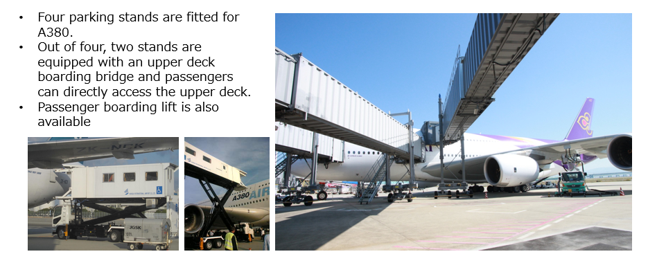 Four parking stands are fitted for A380. Out of four, two stands are equipped with an upper deck boarding bridge and passengers can directly access the upper deck. Passenger boarding lift is also available.