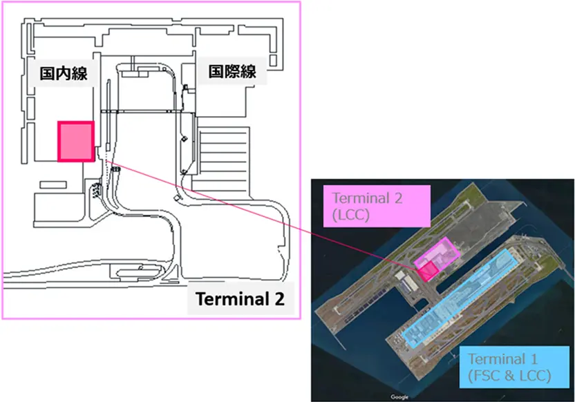 Terminal2（LCC）の国内線エリア内、玉響の所在地を示す図