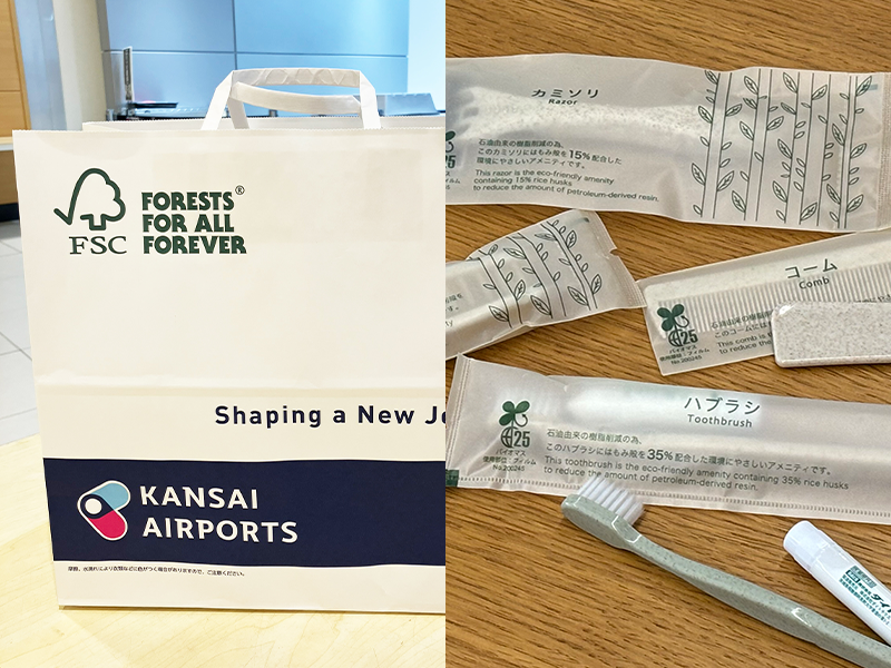Paper bags and toothbrushes made from environmentally friendly materials.