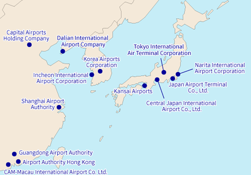 A map showing the locations of member airports of the East Asia Airports Alliance (EAAA).