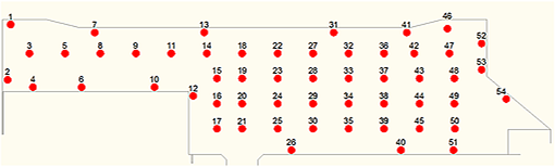 2期島全体の沈下計測位置を示した図。1番から54番までの計測点が格子状に配置されていることが分かります。