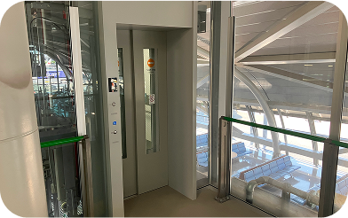 A newly installed elevator constructed during the renovation of Kansai International Airport Terminal 1.